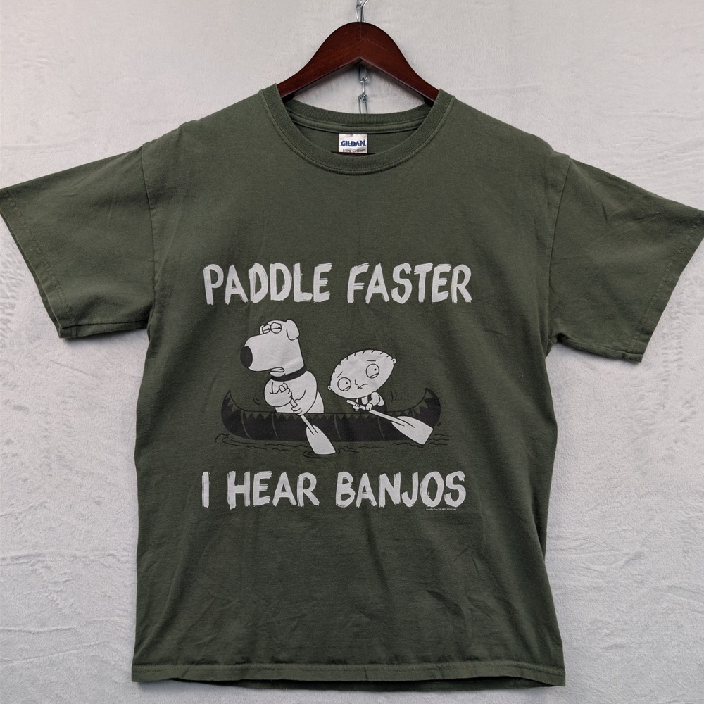 VTG Gildan T-Shirt Men's M Olive Family Guy Stewie Brian Paddle Faster Funny Y2K